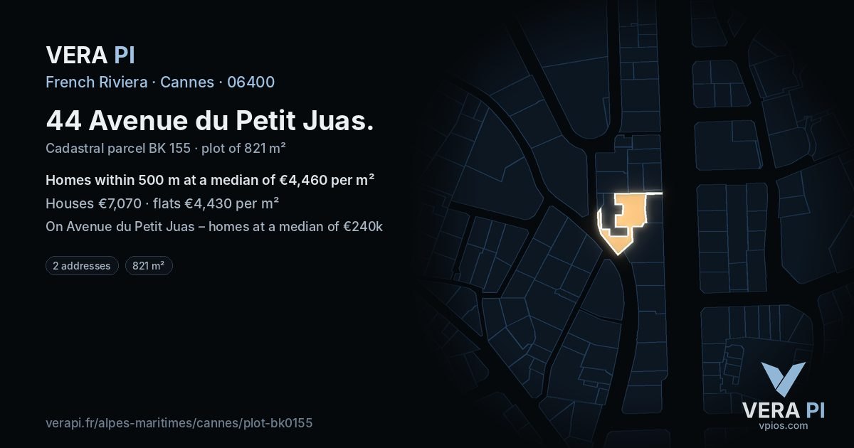 44 Avenue du Petit Juas, Cannes at night – the plot lit, the parcels around coloured by the prices near them