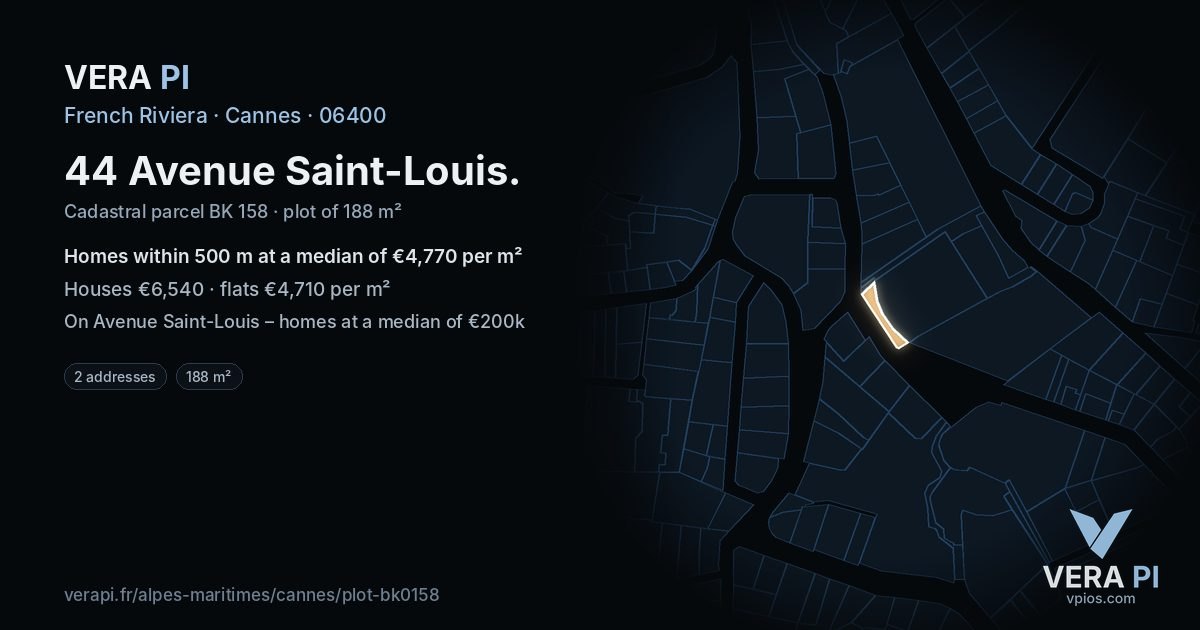44 Avenue Saint-Louis, Cannes at night – the plot lit, the parcels around coloured by the prices near them