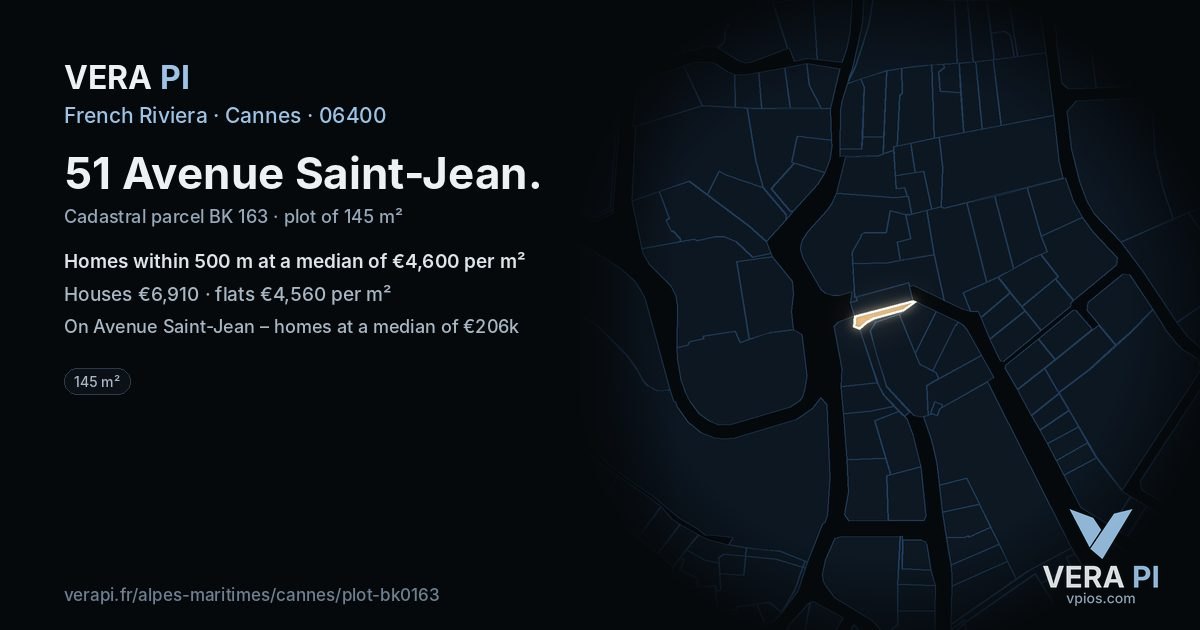 51 Avenue Saint-Jean, Cannes at night – the plot lit, the parcels around coloured by the prices near them