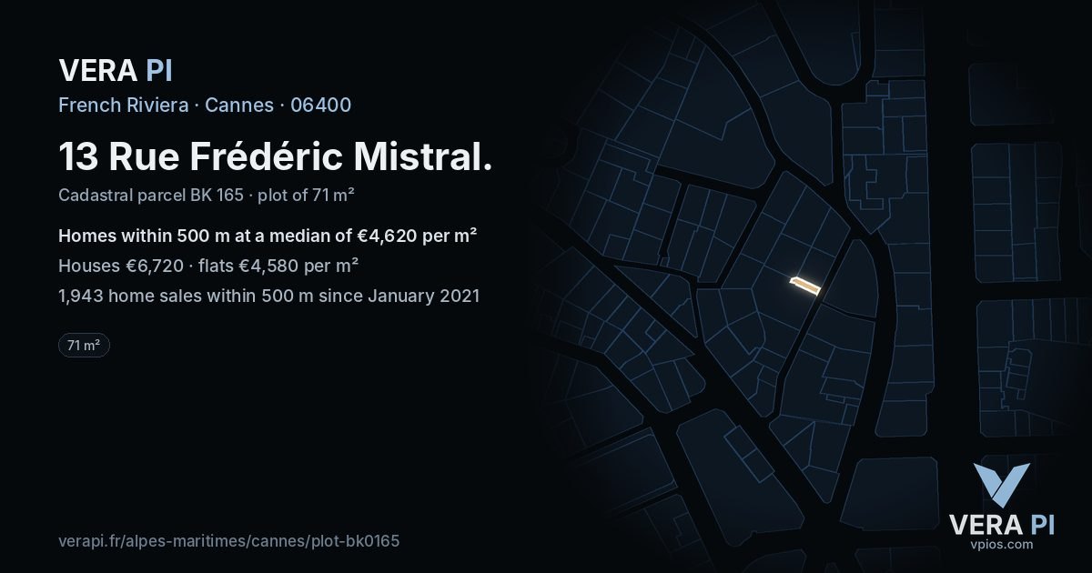 13 Rue Frédéric Mistral, Cannes at night – the plot lit, the parcels around coloured by the prices near them