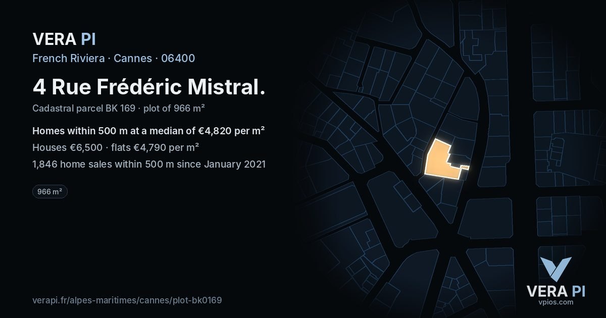 4 Rue Frédéric Mistral, Cannes at night – the plot lit, the parcels around coloured by the prices near them
