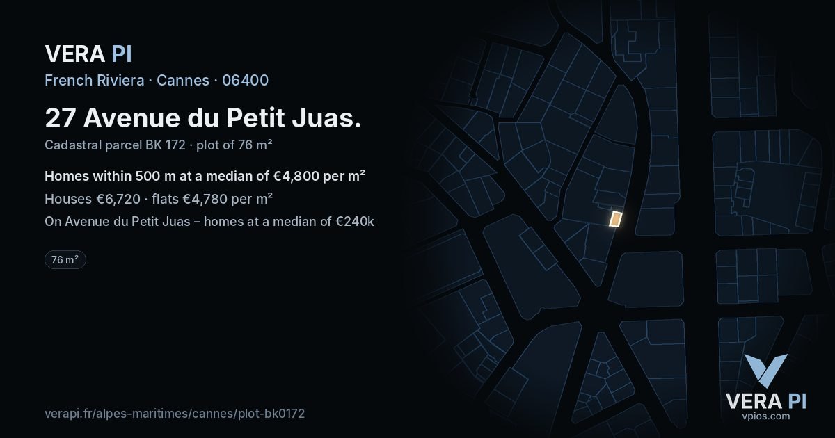 27 Avenue du Petit Juas, Cannes at night – the plot lit, the parcels around coloured by the prices near them