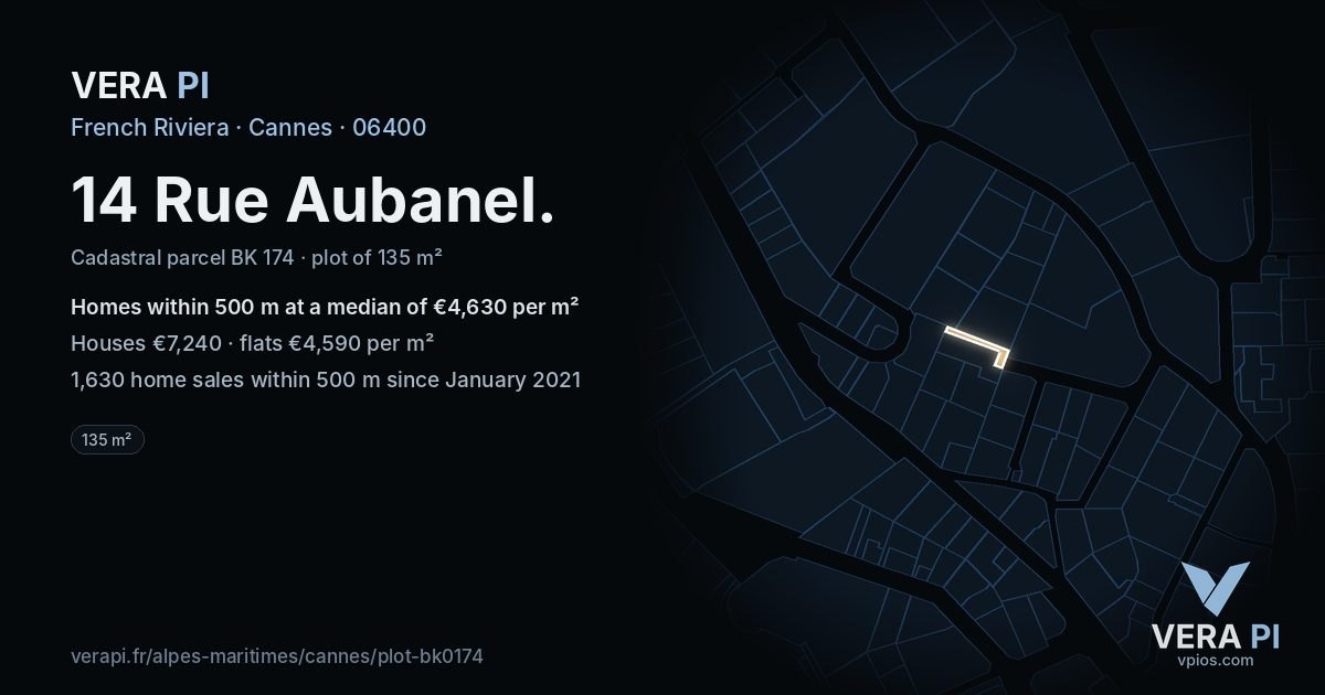 14 Rue Aubanel, Cannes at night – the plot lit, the parcels around coloured by the prices near them