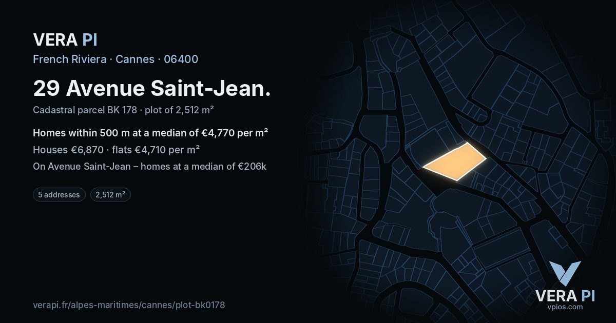 29 Avenue Saint-Jean, Cannes at night – the plot lit, the parcels around coloured by the prices near them