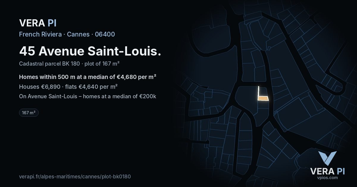 45 Avenue Saint-Louis, Cannes at night – the plot lit, the parcels around coloured by the prices near them