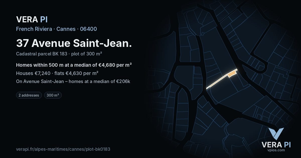 37 Avenue Saint-Jean, Cannes at night – the plot lit, the parcels around coloured by the prices near them