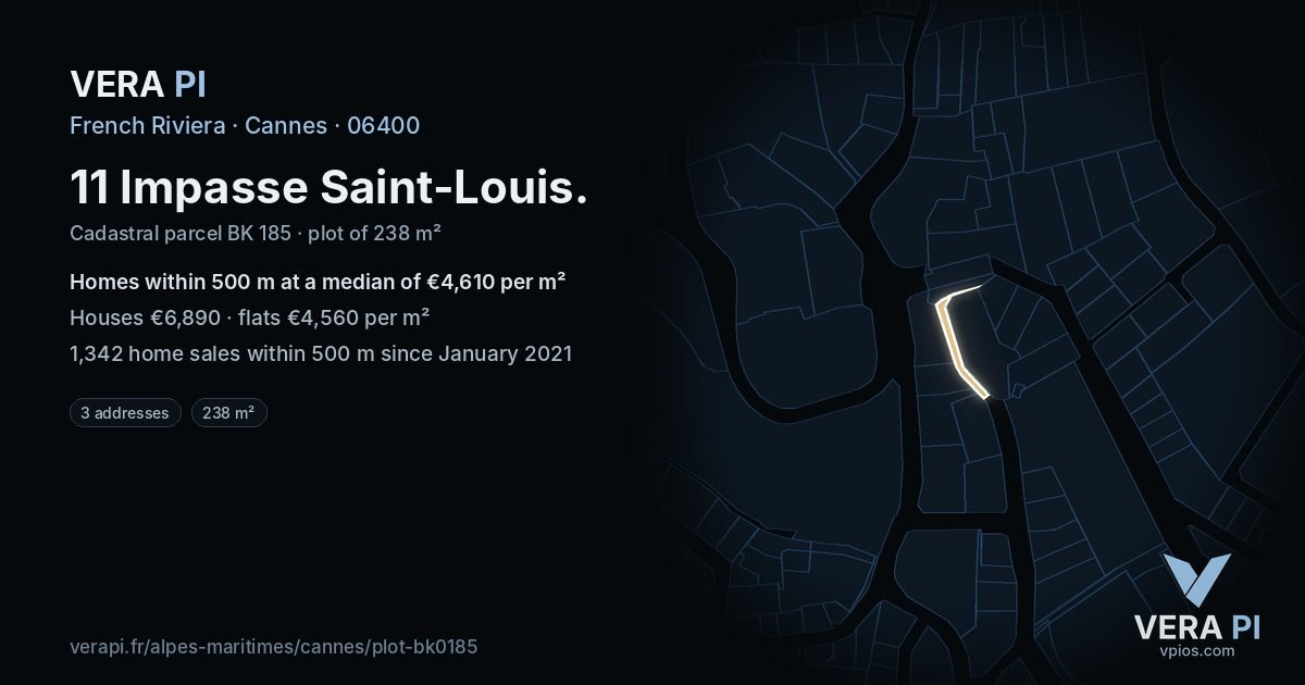 11 Impasse Saint-Louis, Cannes at night – the plot lit, the parcels around coloured by the prices near them