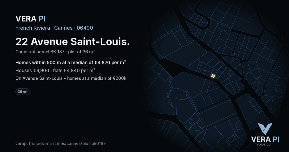 22 Avenue Saint-Louis, Cannes at night – the plot lit, the parcels around coloured by the prices near them