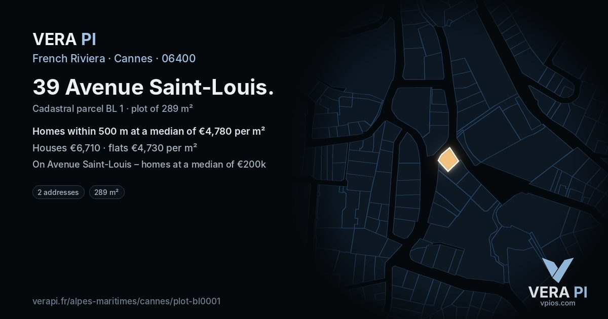 39 Avenue Saint-Louis, Cannes at night – the plot lit, the parcels around coloured by the prices near them