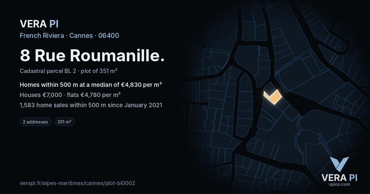 8 Rue Roumanille, Cannes at night – the plot lit, the parcels around coloured by the prices near them