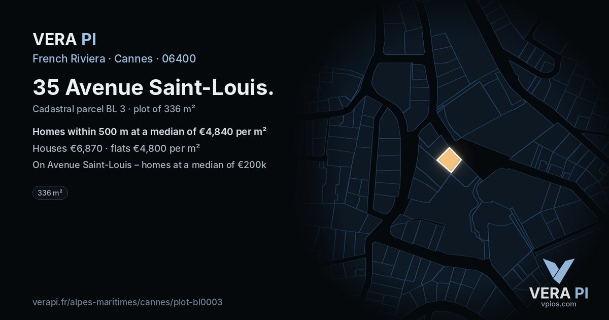 35 Avenue Saint-Louis, Cannes at night – the plot lit, the parcels around coloured by the prices near them