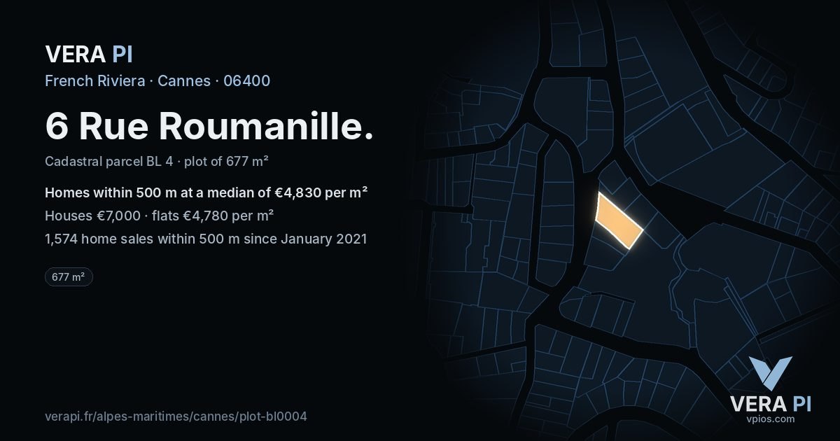 6 Rue Roumanille, Cannes at night – the plot lit, the parcels around coloured by the prices near them