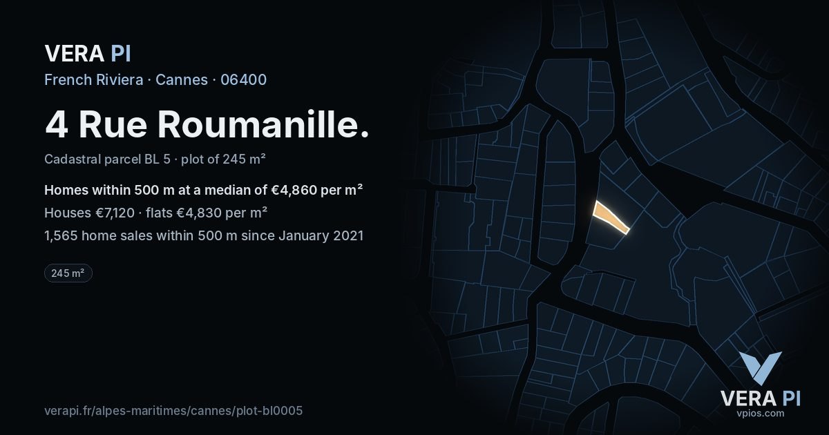 4 Rue Roumanille, Cannes at night – the plot lit, the parcels around coloured by the prices near them
