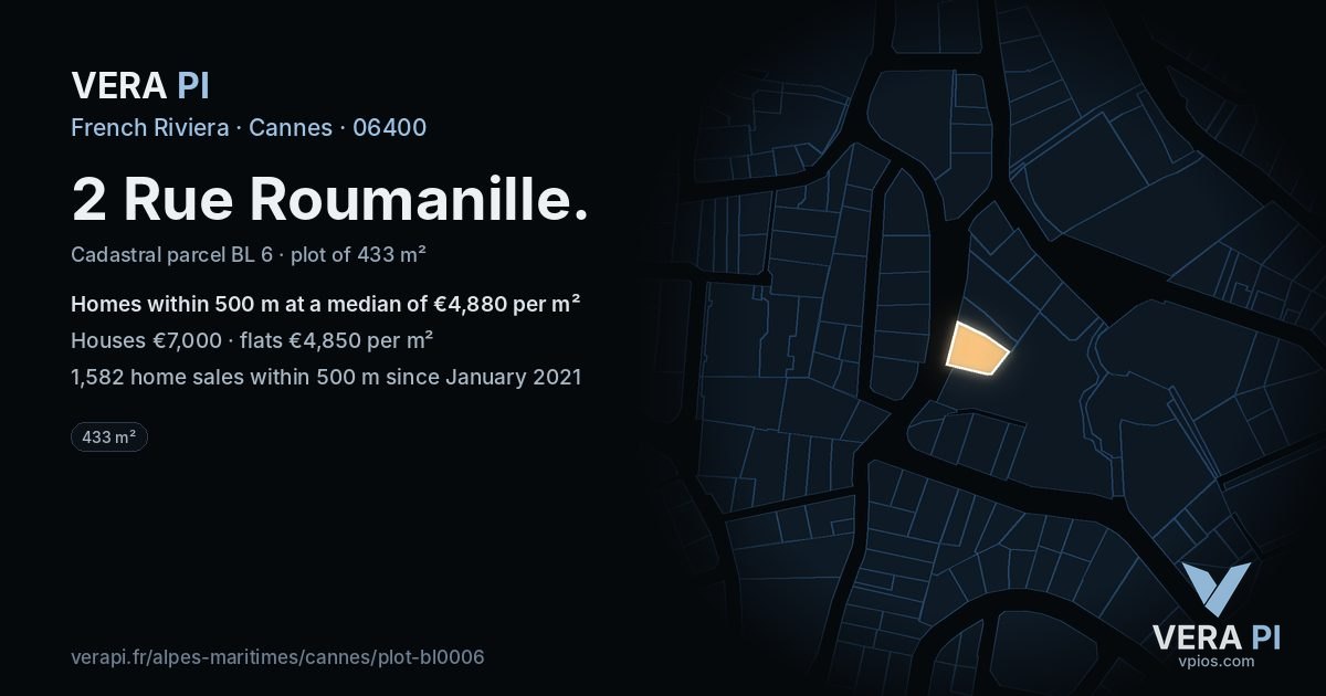 2 Rue Roumanille, Cannes at night – the plot lit, the parcels around coloured by the prices near them