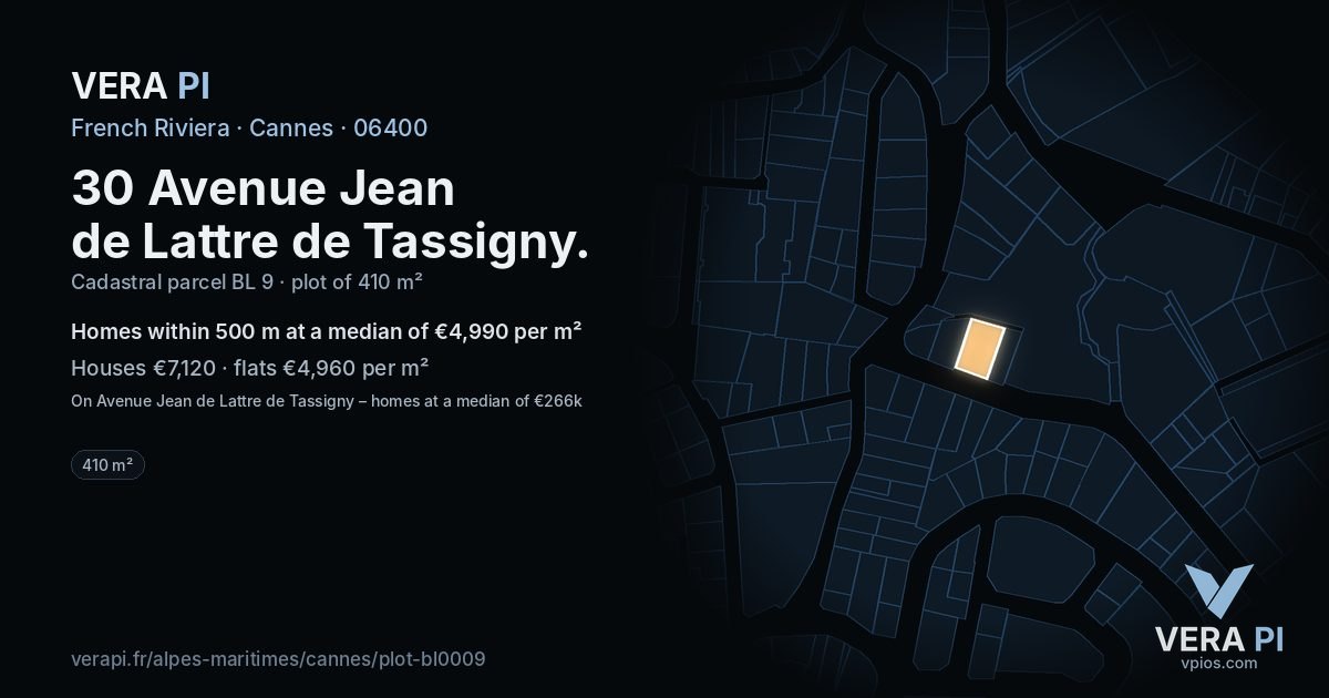30 Avenue Jean de Lattre de Tassigny, Cannes at night – the plot lit, the parcels around coloured by the prices near them
