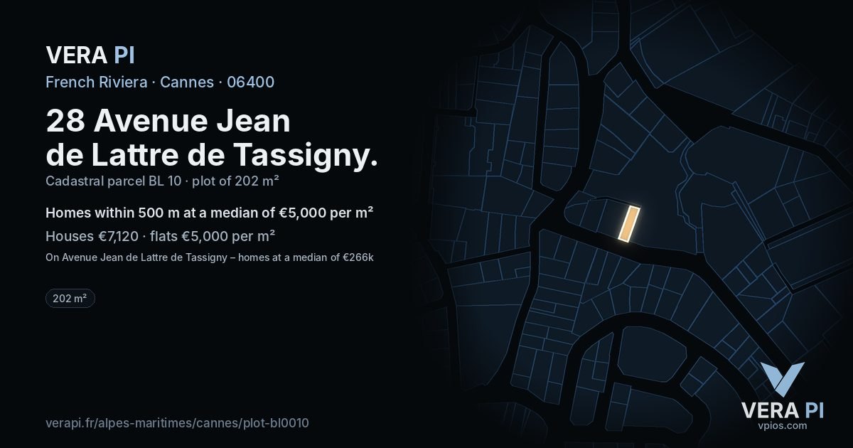 28 Avenue Jean de Lattre de Tassigny, Cannes at night – the plot lit, the parcels around coloured by the prices near them