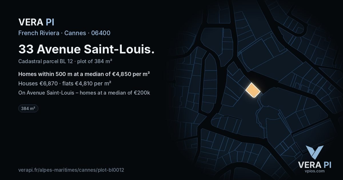 33 Avenue Saint-Louis, Cannes at night – the plot lit, the parcels around coloured by the prices near them