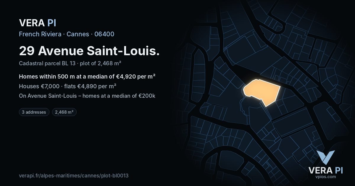 29 Avenue Saint-Louis, Cannes at night – the plot lit, the parcels around coloured by the prices near them