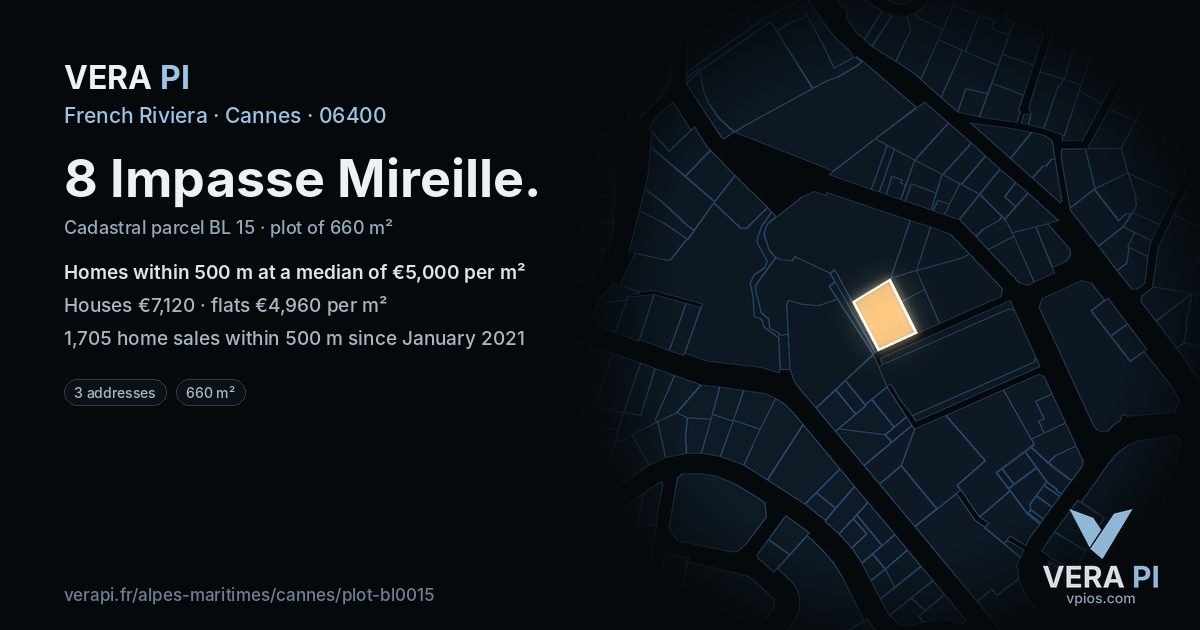8 Impasse Mireille, Cannes at night – the plot lit, the parcels around coloured by the prices near them