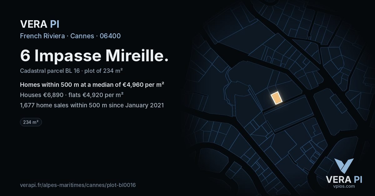 6 Impasse Mireille, Cannes at night – the plot lit, the parcels around coloured by the prices near them