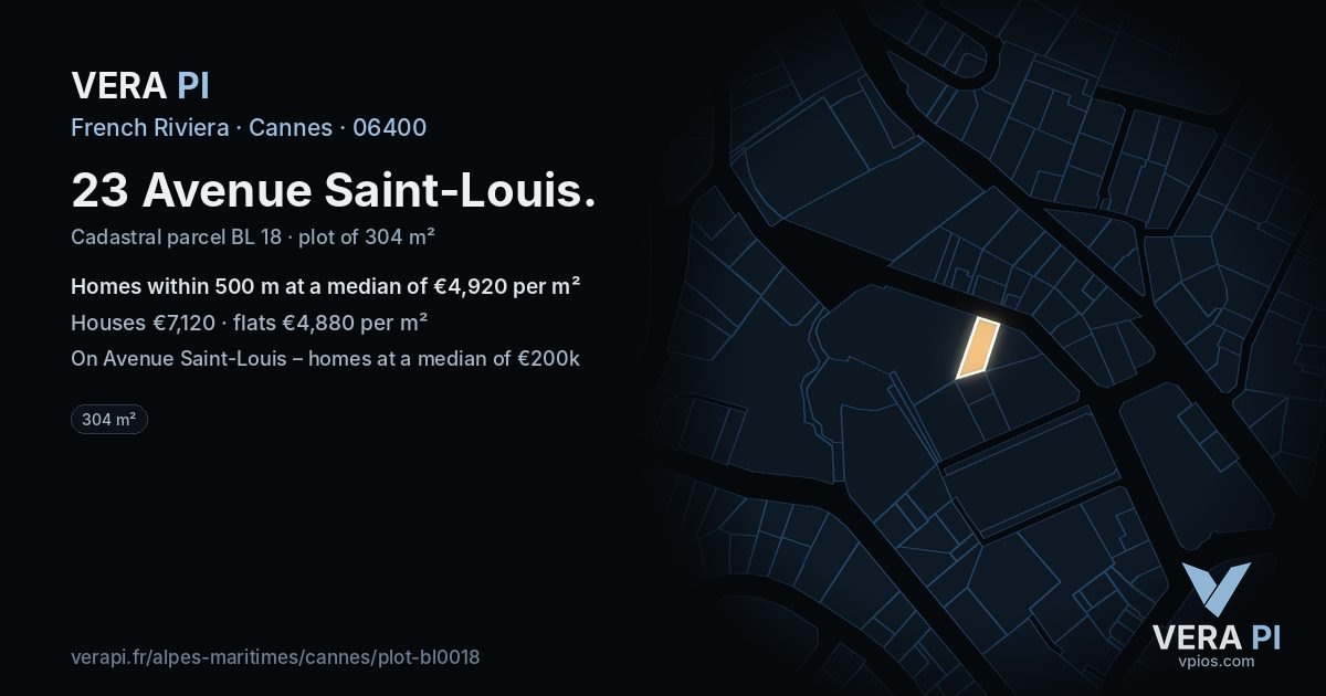 23 Avenue Saint-Louis, Cannes at night – the plot lit, the parcels around coloured by the prices near them
