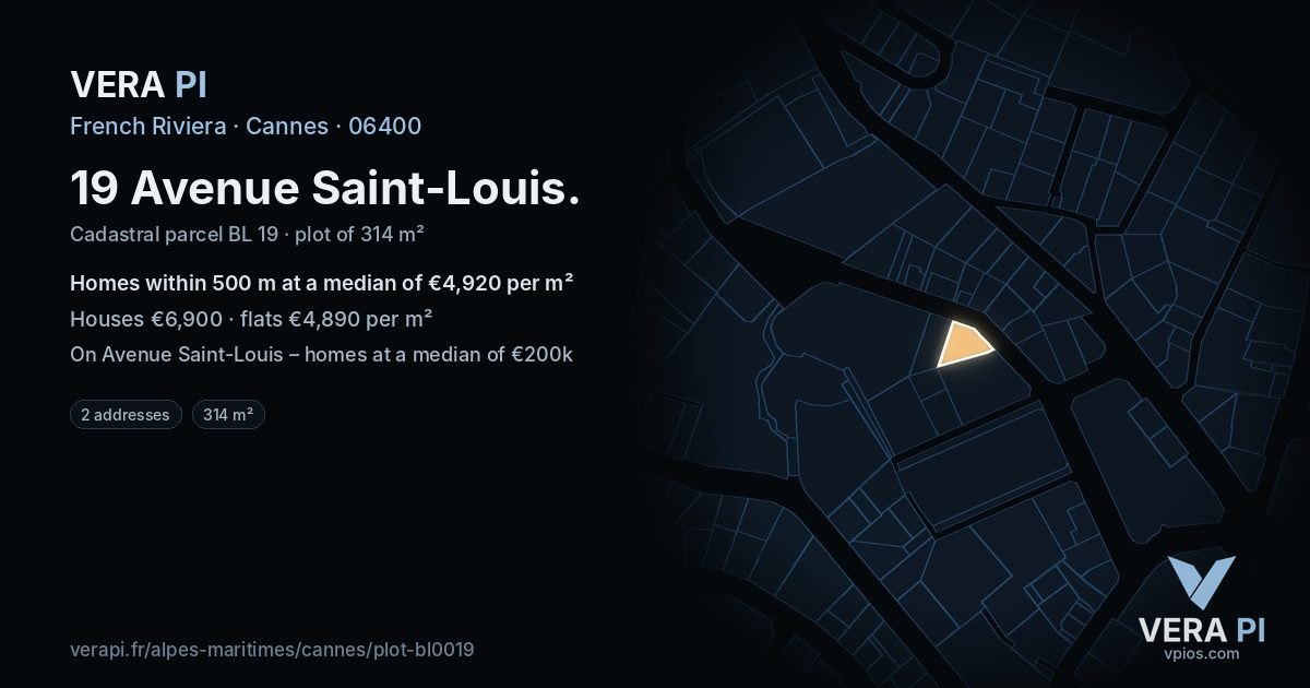 19 Avenue Saint-Louis, Cannes at night – the plot lit, the parcels around coloured by the prices near them
