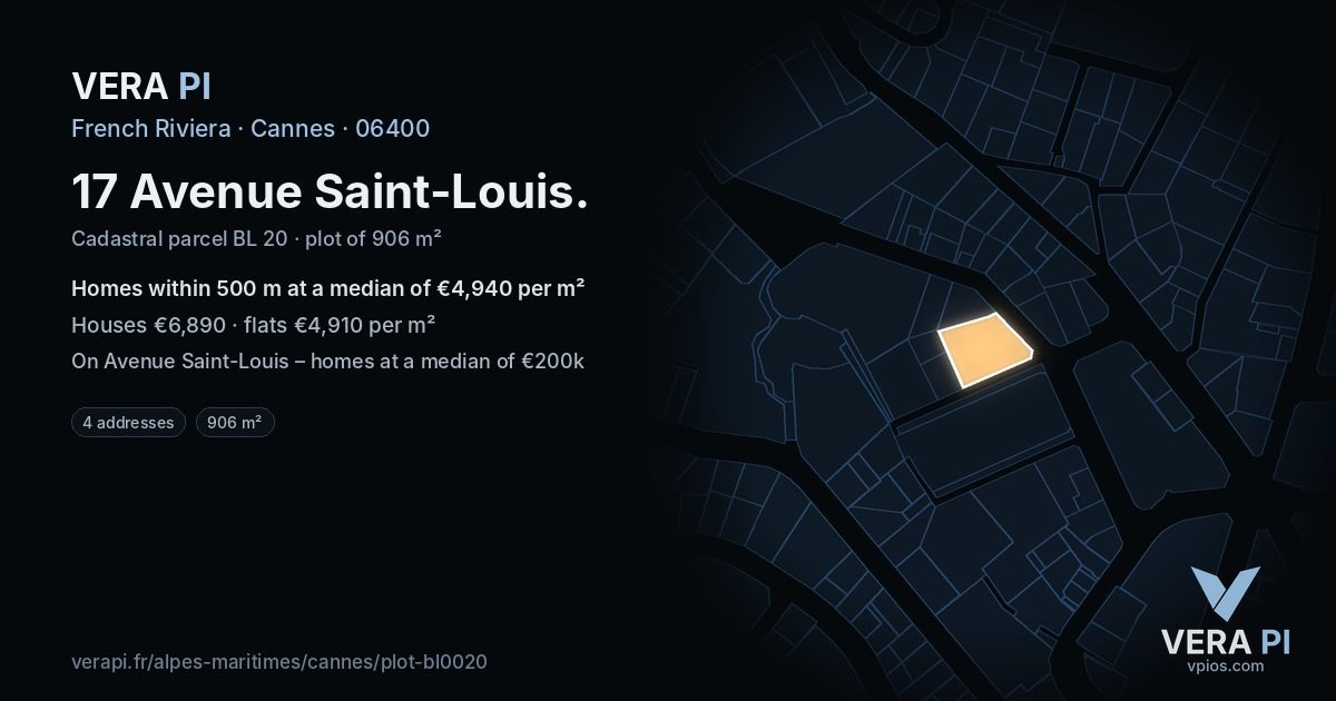 17 Avenue Saint-Louis, Cannes at night – the plot lit, the parcels around coloured by the prices near them