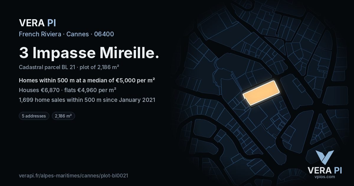 3 Impasse Mireille, Cannes at night – the plot lit, the parcels around coloured by the prices near them