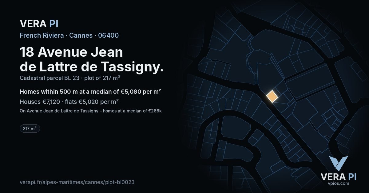 18 Avenue Jean de Lattre de Tassigny, Cannes at night – the plot lit, the parcels around coloured by the prices near them