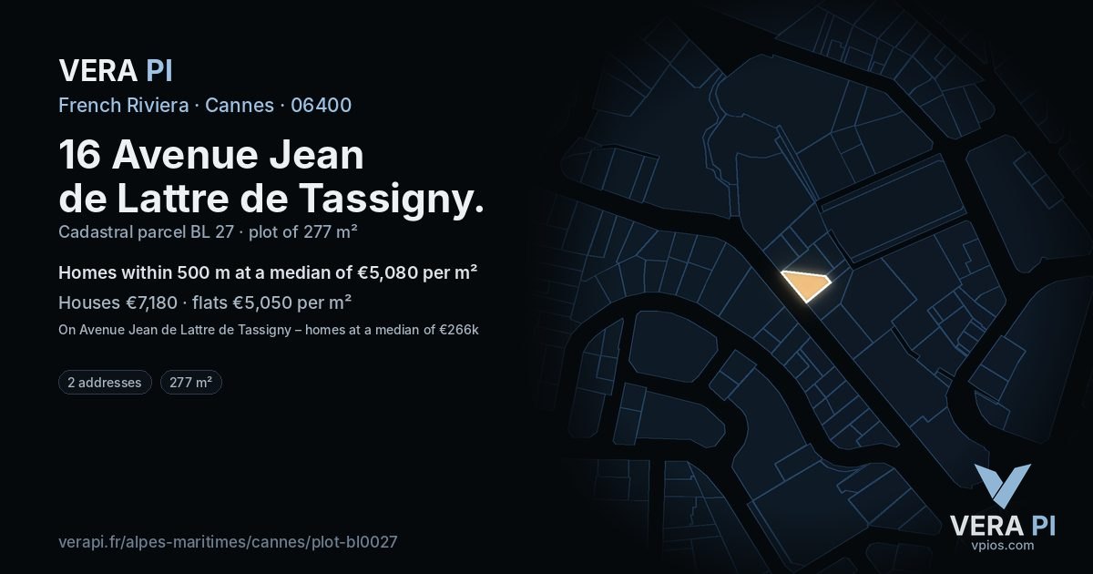 16 Avenue Jean de Lattre de Tassigny, Cannes at night – the plot lit, the parcels around coloured by the prices near them