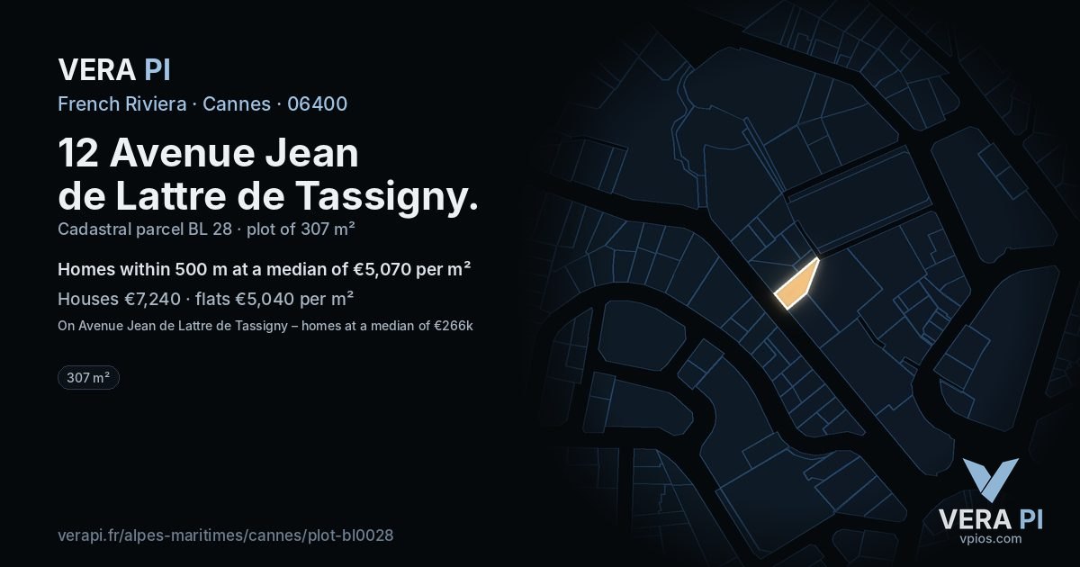 12 Avenue Jean de Lattre de Tassigny, Cannes at night – the plot lit, the parcels around coloured by the prices near them