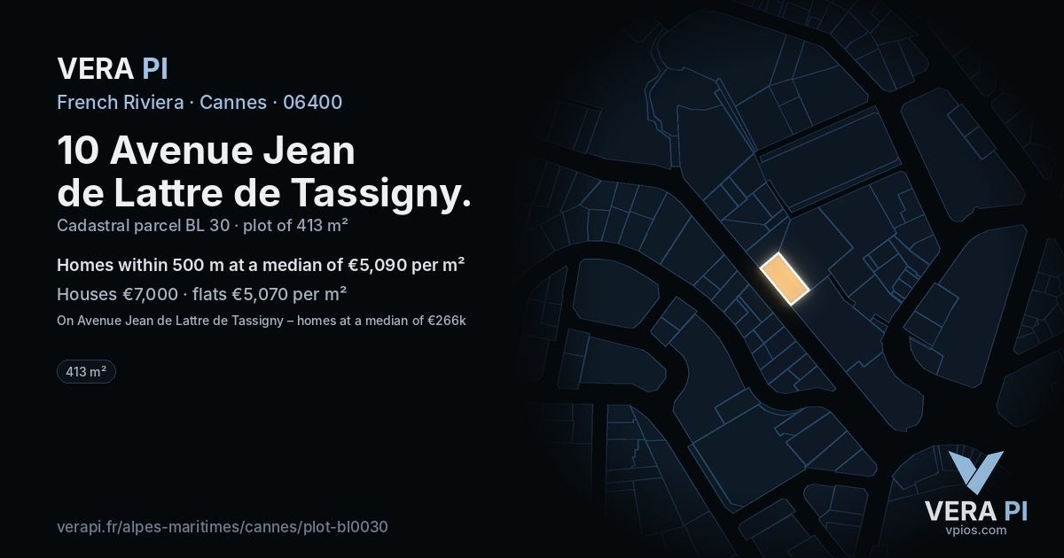 10 Avenue Jean de Lattre de Tassigny, Cannes at night – the plot lit, the parcels around coloured by the prices near them