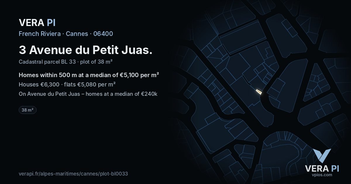 3 Avenue du Petit Juas, Cannes at night – the plot lit, the parcels around coloured by the prices near them