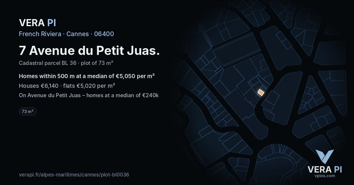 7 Avenue du Petit Juas, Cannes at night – the plot lit, the parcels around coloured by the prices near them