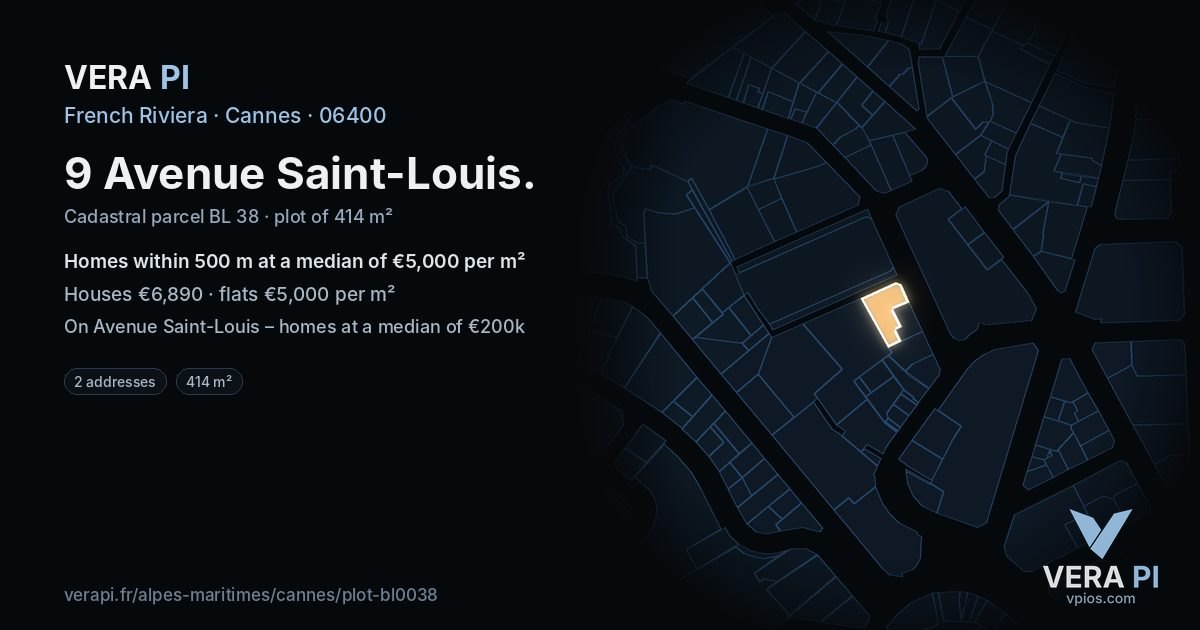 9 Avenue Saint-Louis, Cannes at night – the plot lit, the parcels around coloured by the prices near them