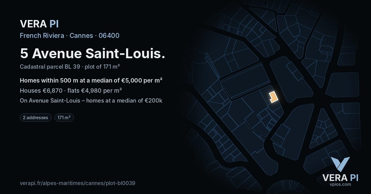 5 Avenue Saint-Louis, Cannes at night – the plot lit, the parcels around coloured by the prices near them
