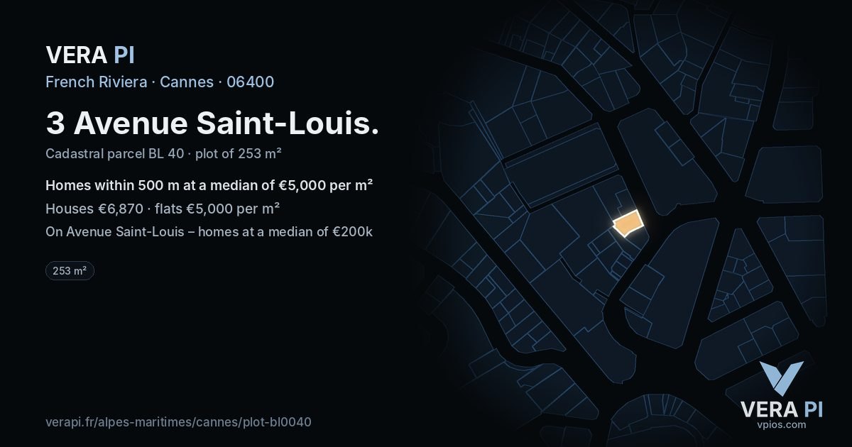 3 Avenue Saint-Louis, Cannes at night – the plot lit, the parcels around coloured by the prices near them