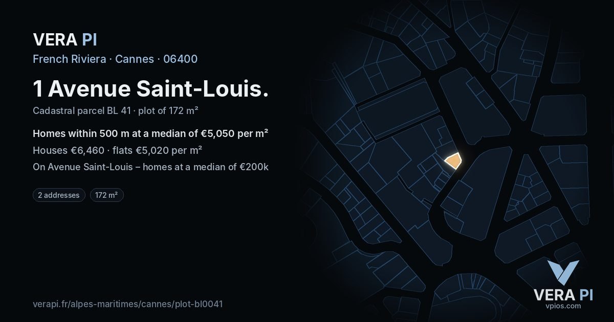 1 Avenue Saint-Louis, Cannes at night – the plot lit, the parcels around coloured by the prices near them