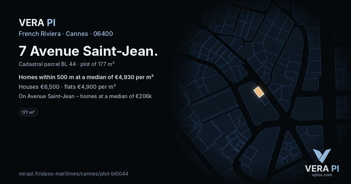 7 Avenue Saint-Jean, Cannes at night – the plot lit, the parcels around coloured by the prices near them