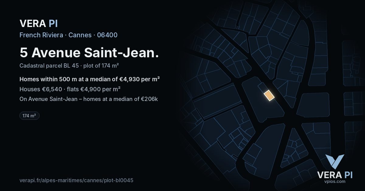 5 Avenue Saint-Jean, Cannes at night – the plot lit, the parcels around coloured by the prices near them