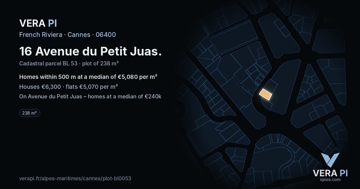 16 Avenue du Petit Juas, Cannes at night – the plot lit, the parcels around coloured by the prices near them