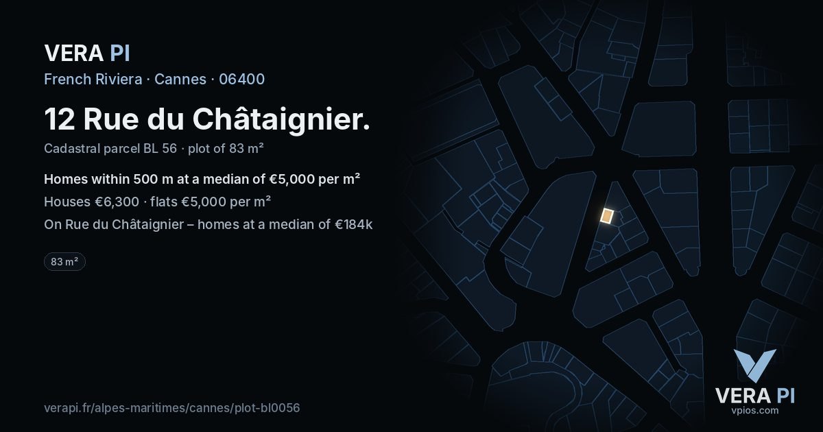 12 Rue du Châtaignier, Cannes at night – the plot lit, the parcels around coloured by the prices near them