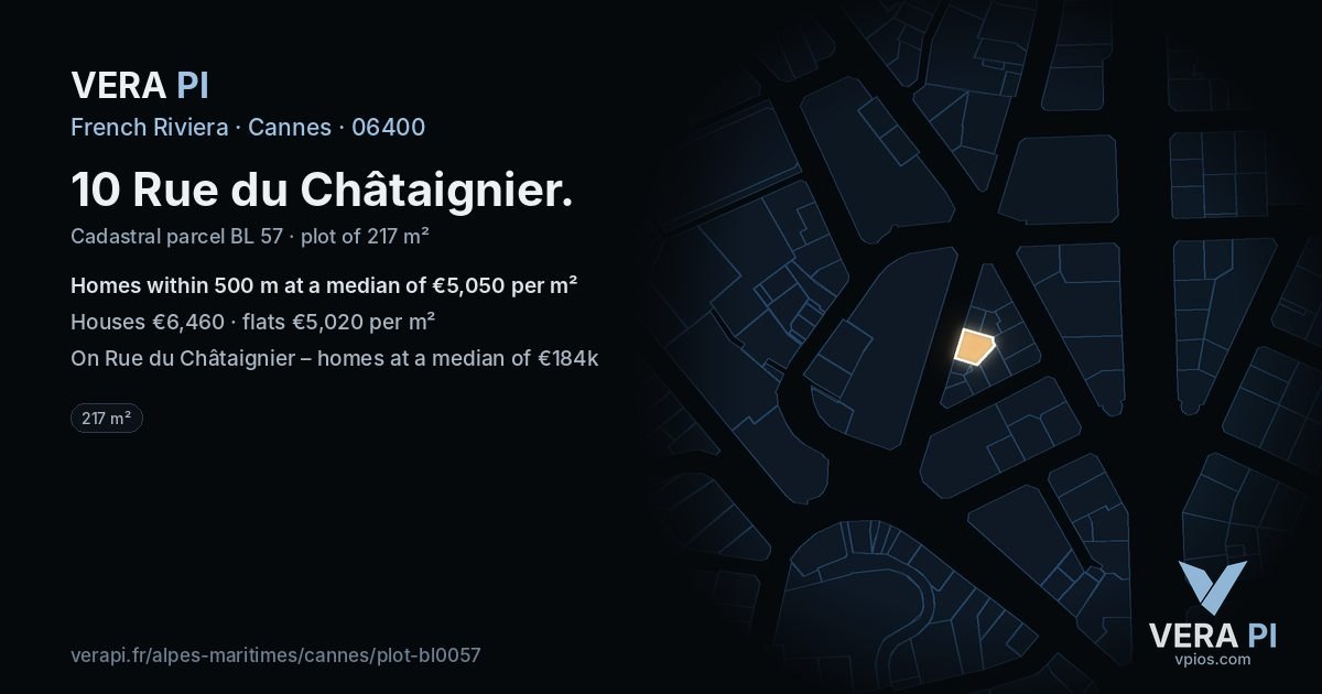 10 Rue du Châtaignier, Cannes at night – the plot lit, the parcels around coloured by the prices near them