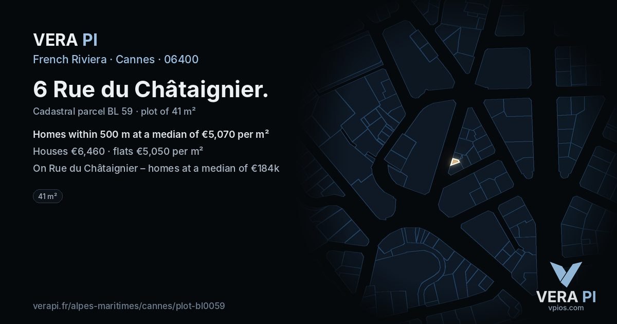 6 Rue du Châtaignier, Cannes at night – the plot lit, the parcels around coloured by the prices near them