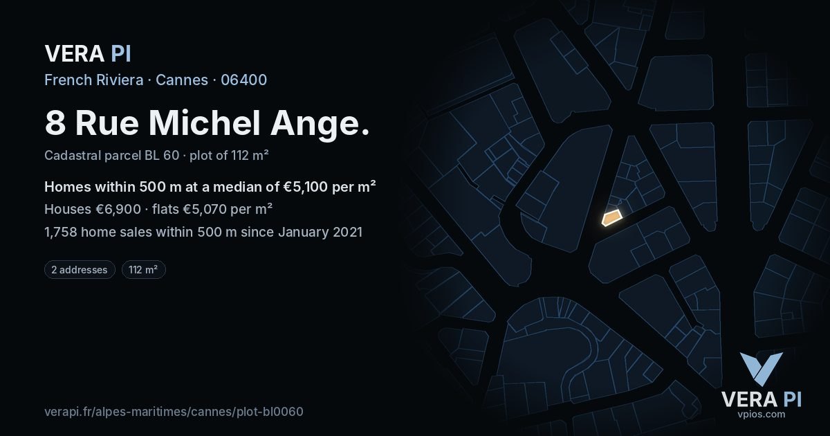 8 Rue Michel Ange, Cannes at night – the plot lit, the parcels around coloured by the prices near them