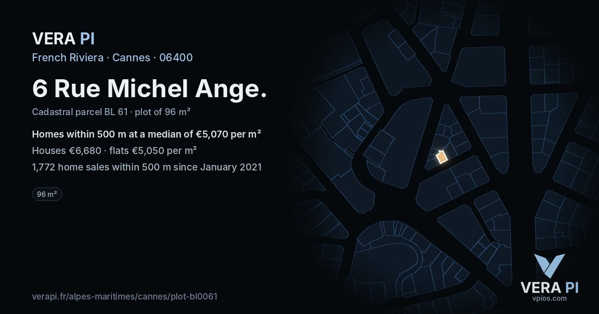 6 Rue Michel Ange, Cannes at night – the plot lit, the parcels around coloured by the prices near them