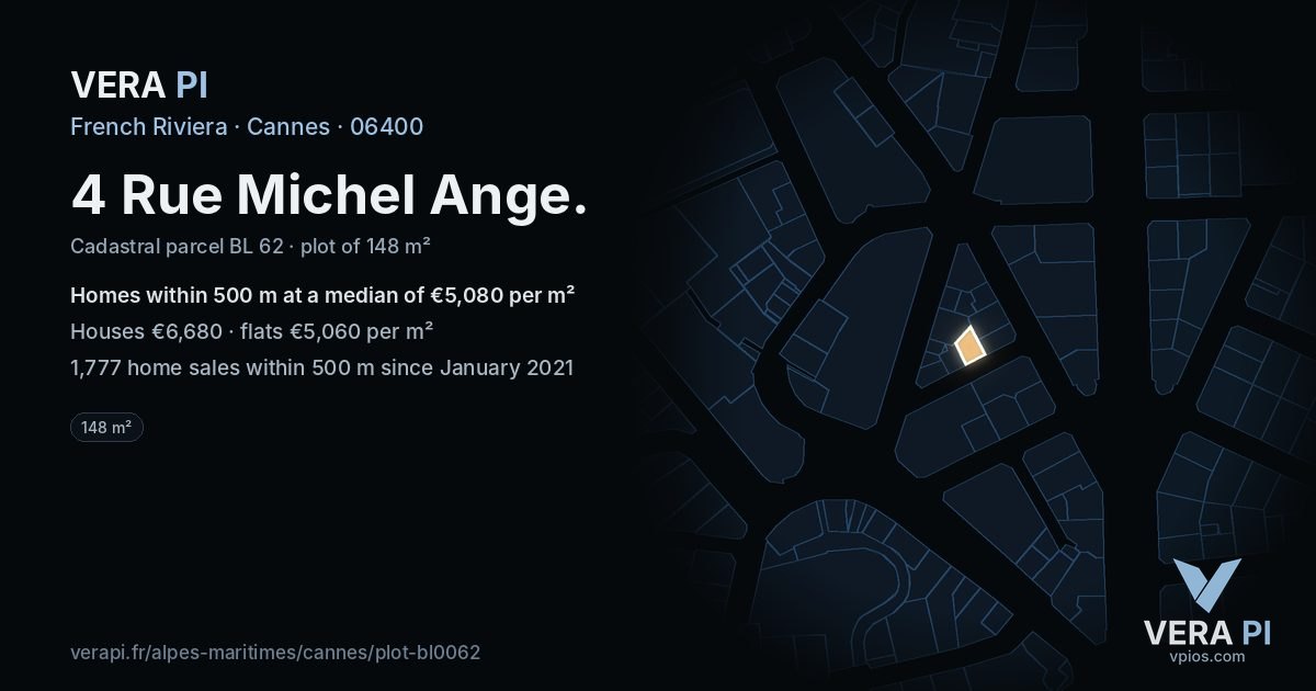 4 Rue Michel Ange, Cannes at night – the plot lit, the parcels around coloured by the prices near them