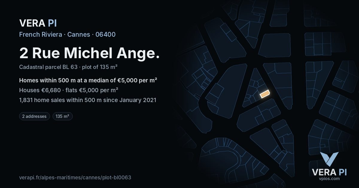 2 Rue Michel Ange, Cannes at night – the plot lit, the parcels around coloured by the prices near them