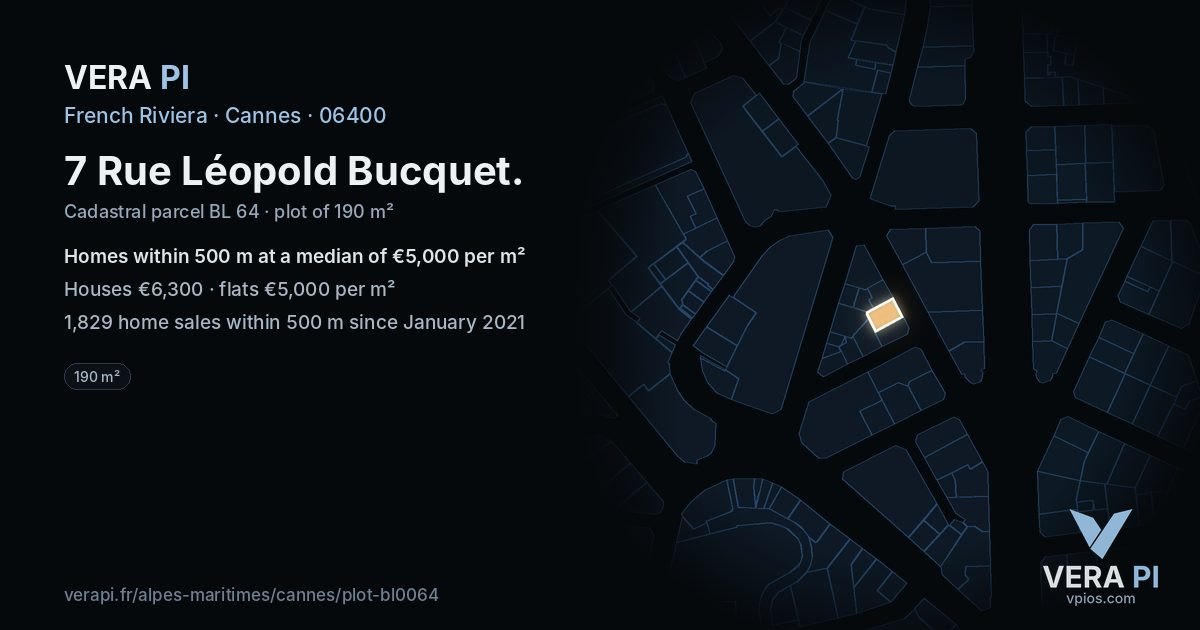7 Rue Léopold Bucquet, Cannes at night – the plot lit, the parcels around coloured by the prices near them