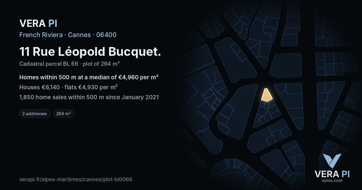 11 Rue Léopold Bucquet, Cannes at night – the plot lit, the parcels around coloured by the prices near them